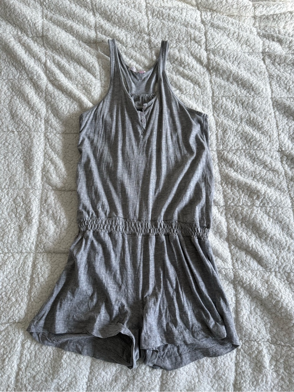 Ardene Gray Ribbed Racerback Romper with Henley Neckline